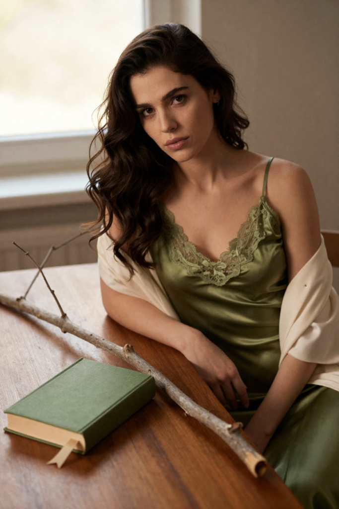 Woman in a moss-green satin slip at a wooden desk with a closed green biography and a fallen branch