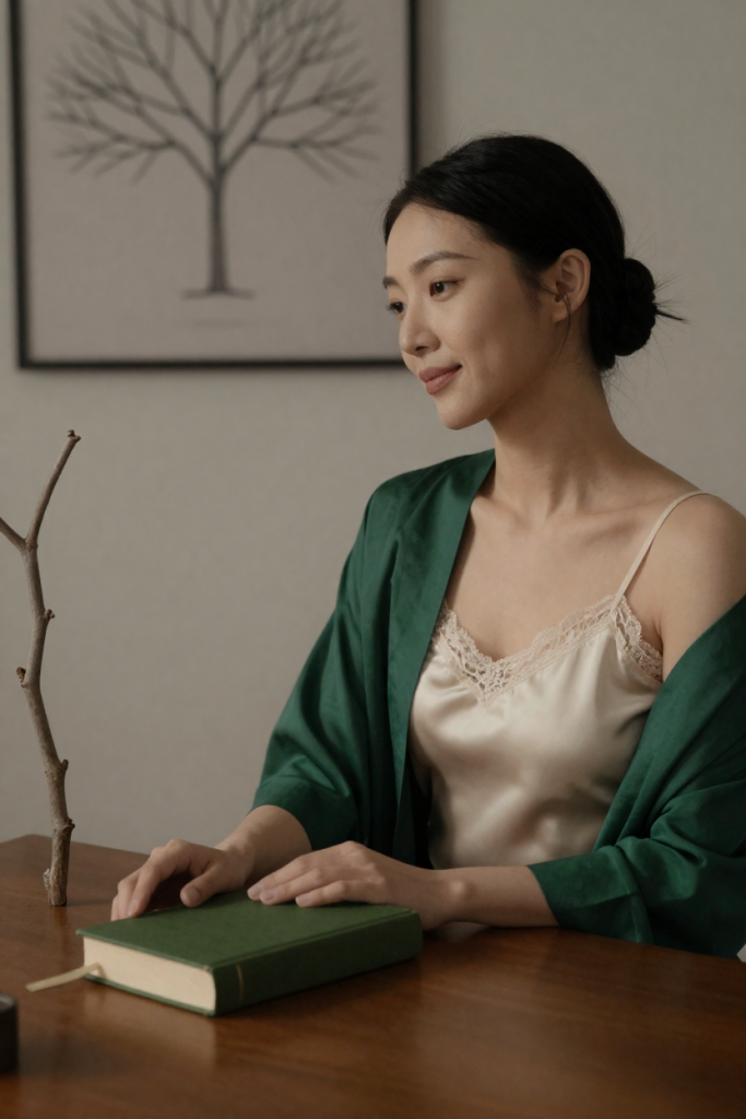 Woman in a cream camisole and green robe beside a closed green biography, framed family-tree chart on the wall